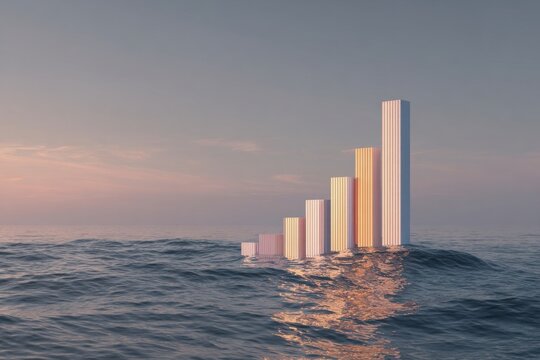 Financial Growth Concept with Bar Graph in Ocean at Sunset