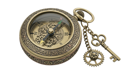 Antique compass with ornate details and vintage key, guiding your journey