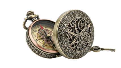 Antique pocket compass with intricate gears and ornate key, vintage exploration tool