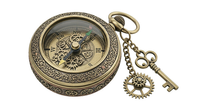 Antique compass with ornate details and vintage key, guiding your journey