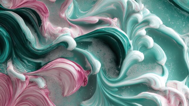 3D textured watercolor wavy wallpaper background, lotus green and pale pink ink fluid forms