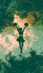 Cheerleader Silhouette Jumping with Pom Poms in Artistic Background