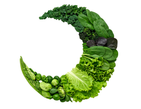 Crescent Moon Made from Fresh Green Vegetables, isolated on transparent background.