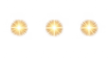 Three golden starbursts isolated on transparent background