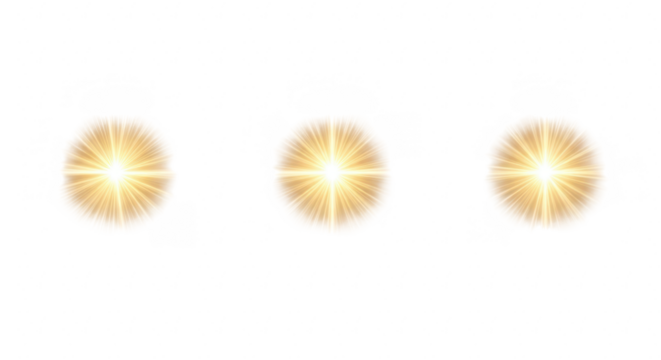 Three golden starbursts isolated on transparent background