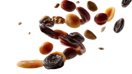 Assorted dried fruits falling isolated on transparent background