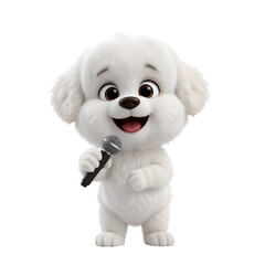 Cute fluffy transparent background. white cartoon dog character holding a microphone and singing with a joyful expression on a transparent background isolated on a transparent background