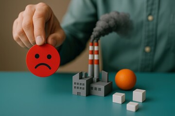 Holding Sadness for Factory Emission symbolizes industrial pollution’s environmental impact alongside the need for renewable energy