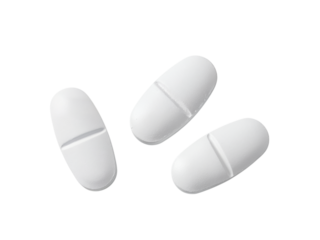 Three oval shaped white pills with a line down the middle on a plain background isolated on transparent background