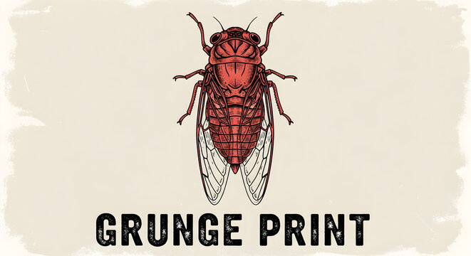 Grunge cicada illustration with vintage print texture &mdash; retro entomology poster style