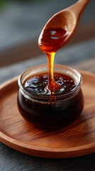 Honey Drizzling from Spoon into Glass Jar on Wooden Plate 