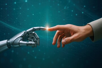 Human Hand Reaching for AI Robot's Finger Symbolizes Technology, Future, Connection, and the delicate balance between humanity and advanced artificial intelligence