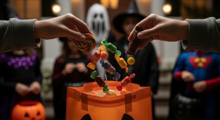 Children in Halloween costumes dropping candy into a pumpkin bucket during trick-or-treating.