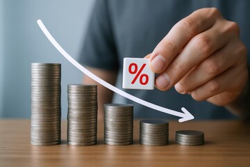 Interest Rate Reduction depicted with descending coin stacks and a percentage block, symbolizing financial relief and potential savings amid market trends