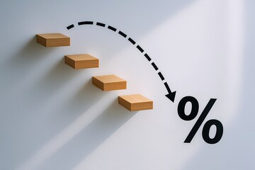 Interest rate cut illustrated by descending wooden steps, creating illusion of economic decline with a bold percentage sign and falling arrow