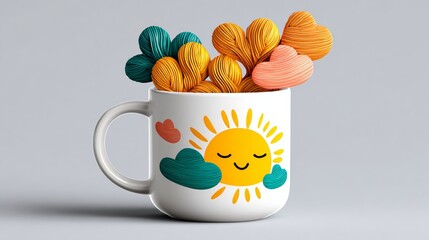 Mug with a sun and clouds on it. The sun is smiling and the clouds are fluffy