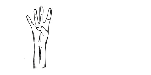 A hand with four fingers raised, sketched in black and white.