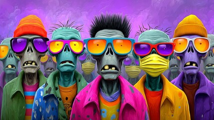 Group of zombies wearing sunglasses and masks. Scene is dark and eerie. The idea behind the image is to create a sense of fear and unease in the viewer