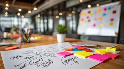 Office brainstorming session with focus on colorful sticky notes and whiteboard in modern workspace. 