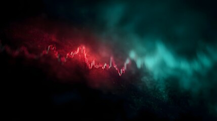 A dynamic financial graph showing red and green fluctuations against a dark smoky background