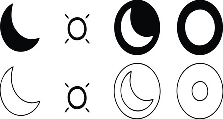 Set of moon and sun icons in black and white line style, including crescent moon, circle, and shining sun symbols representing night, day, astronomy, astrology, space, and celestial design