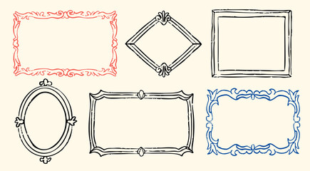 Fototapeta na wymiar Various decorative picture Frames or Borders. Different shapes, ornates. Photo, mirror frames. Vintage design. Elegant outline style. Hand drawn trendy Vector illustration. Isolated design elements
