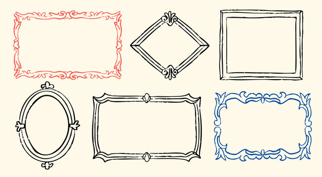 Various decorative picture Frames or Borders. Different shapes, ornates. Photo, mirror frames. Vintage design. Elegant outline style. Hand drawn trendy Vector illustration. Isolated design elements