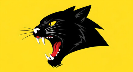 Obraz premium Roaring black panther illustration with open mouth on bold yellow background — fierce animal pop-art graphic