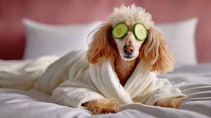 Poodle is wearing cucumber eye masks and a white robe. The dog is laying on a bed