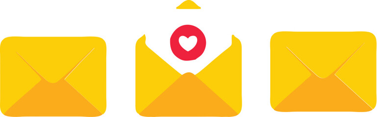 Yellow envelope icons with open love letter and heart symbol representing email, message, communication, romantic mail, correspondence, digital chat, and relationship connection concept