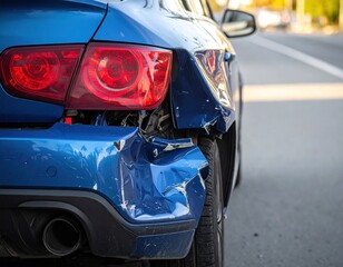 Damaged blue car rear end shows significant impact damage on the road.