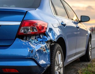 Damaged blue car with a dented rear fender and broken tail light, parked on the side of the road.