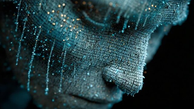 Abstract human face constructed from a binary code grid with flowing digital data, representing concepts like artificial intelligence, virtual reality, big data, and technological singularity
