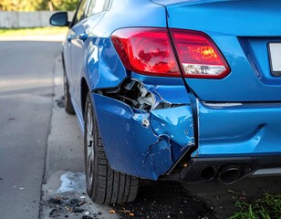 A blue car with significant damage to its rear bumper, showing signs of a collision.