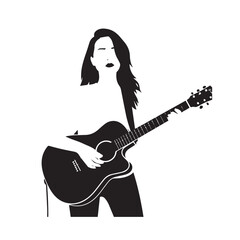 Black and white line art of a cool woman playing guitar in casual outfit minimalist stylish illustration