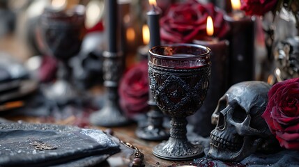 A gothic table setting with a skull, roses, candles, and ornate goblets filled with red liquid