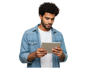 Young man engaged with digital tablet technology showing focused expression and casual attire isolated on transparent background