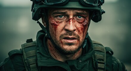 Obraz premium A close-up portrait of a wounded soldier, looking distressed and weary.