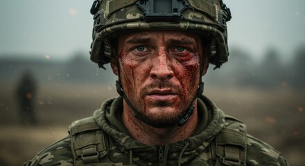 A weary soldier, face bloodied, stares directly at viewer, amidst a battlefield.