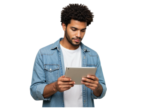 Young man engaged with digital tablet technology showing focused expression and casual attire isolated on transparent background
