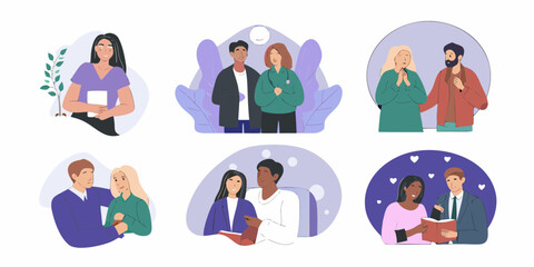 Diverse couples and individuals in various romantic and professional settings illustrated together