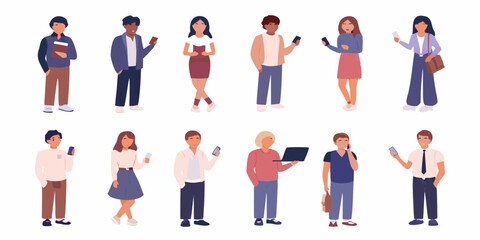 Diverse group of people holding smartphones and laptops representing modern communication and technology