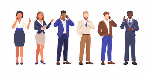 Obraz premium Diverse group of business professionals in smart casual attire communicating on mobile phones