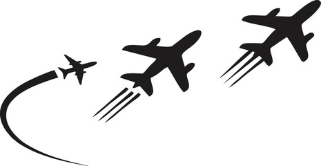 Airplane silhouettes with flight trails, black aircraft icons showing travel, aviation, airline transport, air journey and departure concept, vector illustration isolated on white background