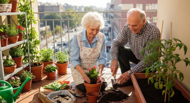 An elderly couple finds serenity while gardening on a bright balcony, cultivating plants and sharing a tender moment filled with love and care. Capturing the simple joys of life.
