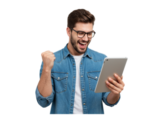 Excited young man in glasses celebrating success while holding a tablet device isolated on transparent background