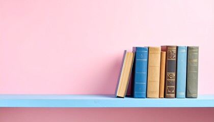 Colorful Vintage Books on Blue Shelf Against Pink Wall  Reading with Education.