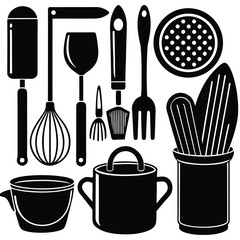 Minimalist kitchen utensils collection with clean lines and simple shapes for cooking and food preparation designs
