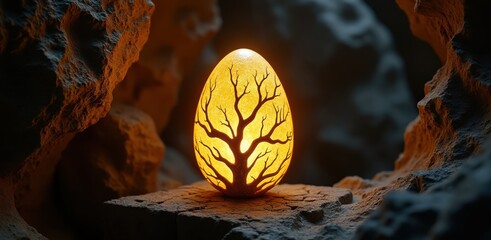 Glowing egg with tree silhouette in mystical cave setting