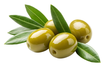 Appetizing green olives with fresh leaves create a vibrant culinary illustration, perfect for healthy Mediterranean diet campaigns
